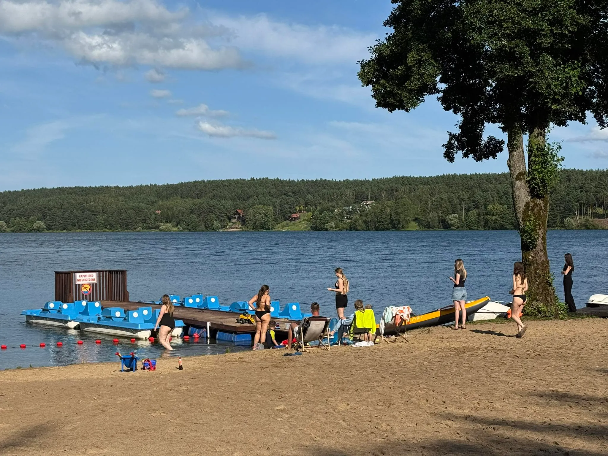 Tętniąca życiem plaża z rowerkami wodnymi